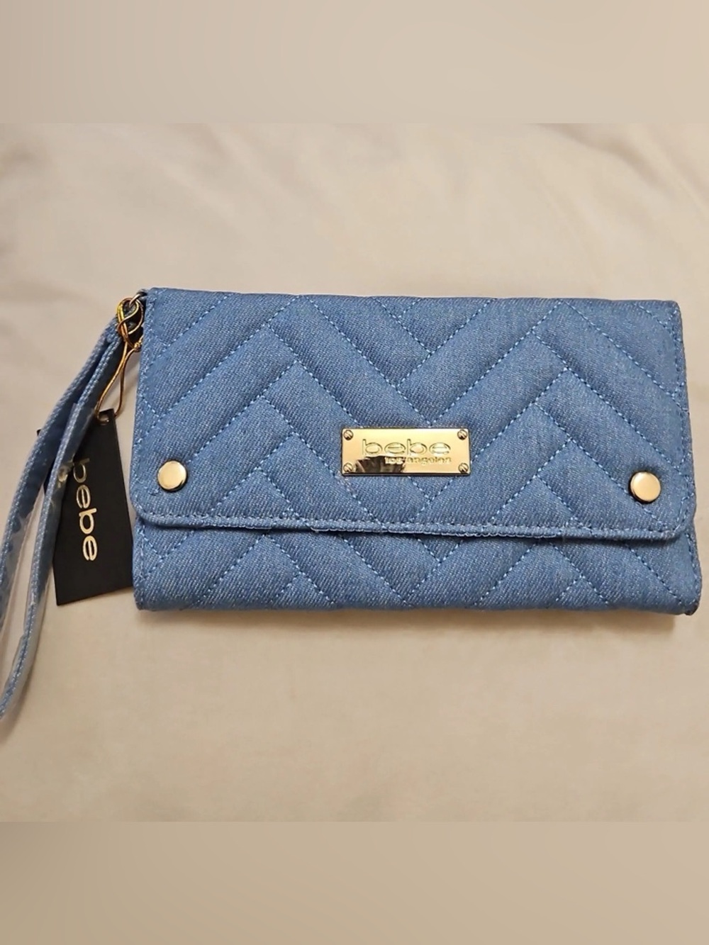 bebe Quilted Denim Wallet - Light Blue with Gold Hardware
